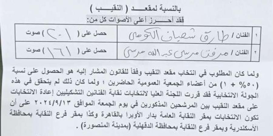 انطلاق انتخابات الإعادة على مقعد نقيب الفنانين التشكيليين اليوم - بوابة المساء الاخباري